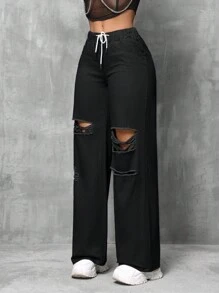 SHEIN SXY Jeans casuales de pierna recta con corte holgado para mujer con cinturón en la cintura y detalles desgastados