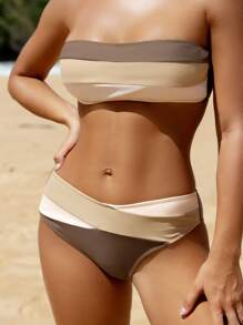 Swim Vcay Trajes de baño para mujer Conjunto de bikini sexy bandeau con bloque de color para playa de verano