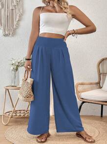 SHEIN Holidaya Pantalones casuales sólidos de color simple para mujeres de talla grande para uso diario - Azul - Ver 5