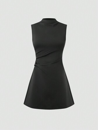 Sweetra Women's High Neck Waist-Cinched A-Line Dress, Fashionable And Versatile, Suitable For Office