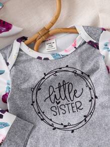 嬰兒女童印花簡約日常頭箍睡衣連體褲 - 灰色 - 查看 4