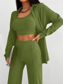 EURMUSE Solid Cami Top & Pants & Drop Shoulder Coat For Dailywear - Olive Green - View 6