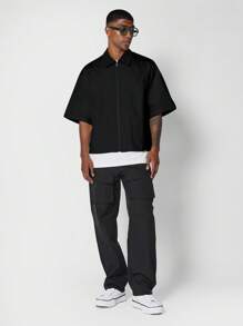 SUMWON Boxy Fit Zip Through Shirt With Back Graphic Print - Black - View 4