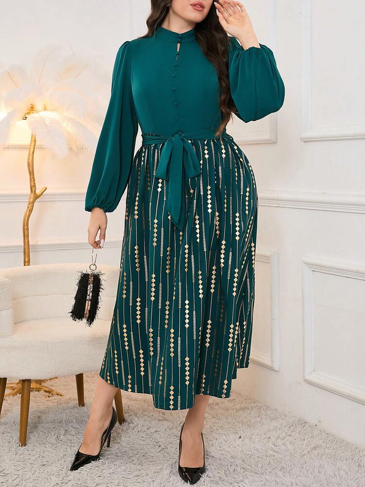 Plus Size Lantern Sleeve Dress With Gold Print And Patchwork Long Evening Dresses