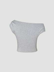 SHEIN Unity 女士夏季休閒T恤，帶蝴蝶結印花和不對稱領口設計 - 灰色 - 查看 2