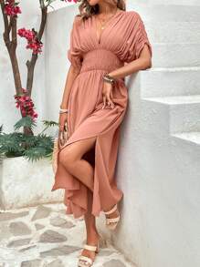 SHEIN LUNE Ladies' Solid Color Casual Dress With Simple Pleat Design, Daily Wear - Khaki - View 4