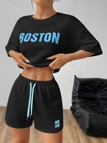 SHEIN EZwear Czarny damski dres o luźnym kroju z nadrukiem - Czarne - Zobacz 1