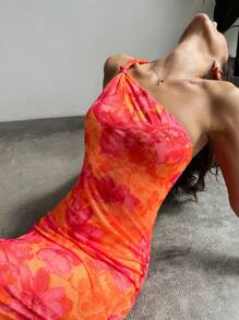 Firerie Vestido largo y elegante con estampado floral, diseño de cola de pez con dobladillo retorcido y un solo hombro, adecuado para vacaciones, citas y festival de música para mujeres