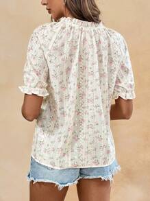 SHEIN Frenchy 女士印花刺绣上衣，休闲灯笼袖春夏衬衫，日常花卉图案衬衫，纽扣衬衫，茶会着装，夏季上衣，花卉图案上衣 - 彩色 - 查看 3