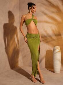 Hauture Women's Summer Solid Color Asymmetrical Neckline Cropped Top And Skirt Set - Olive Green - View 7