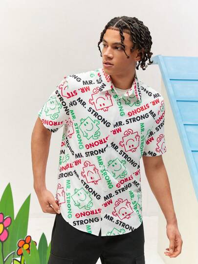 Mr Men Little Miss X SHEIN Men Casual All-Over Characters English Letter Print Short Sleeve Woven Shirt