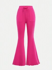 SHEIN Conjunto informal de niña adolescente con top tubo color rosa con cuello vuelto y top corto con pantalón acampanado - Rosa Fucsia - Ver 4