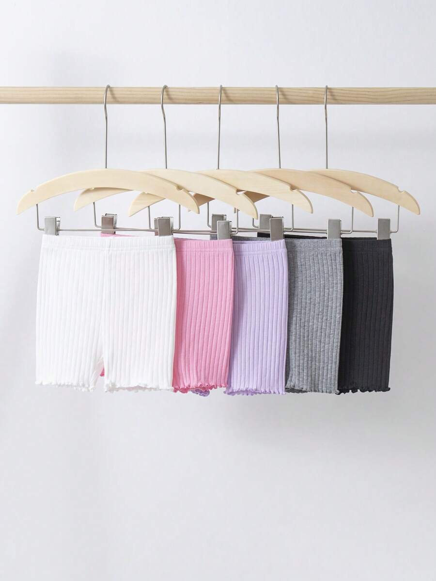 SHEIN Baby Girl 5pcs Knitted Solid Color Elastic Waist Shorts Set, Casual - Light Grey - View 1
