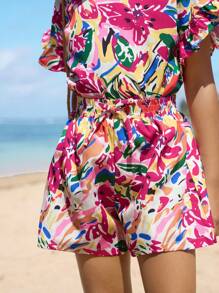 SHEIN Conjunto de top holgado con volantes y hombros descubiertos y pantalones cortos estampados de vacaciones para niñas jóvenes