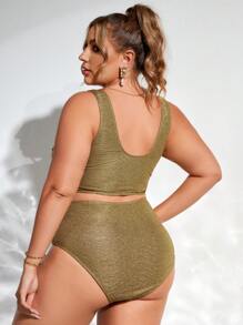 SHEIN Swim Curve 大尺碼夏季海灘純色打褶時尚比基尼套裝 - 金色 - 查看 2