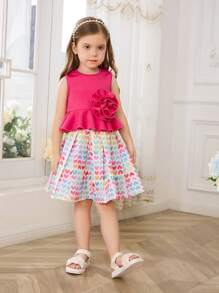 SHEIN Young Girl Light Pink Summer Birthday Knitted Sleeveless Top With 3D Flower Pattern,Woven Heart Shaped Pattern A-Line Skirt,2pcs/Set Casual Outfits - Hot Pink - View 8