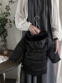 Baby Girl Black Stylish Mid-Length Jacket With Matching Handkerchief, Autumn/Winter