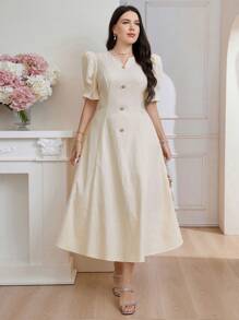 Modelyn Plus Size Women's Summer Solid Color Notch V-Neck Short Puff Sleeve Button Decor Elegant Arabic Clothing