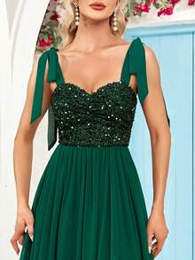 Váy phù dâu chữ A xẻ đùi bằng vải voan đính sequin tương phản, váy dự tiệc cưới trang trọng, dự tiệc tốt nghiệp, tiệc tối - Màu xanh lá cây đậm - Xem 7