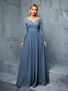 女士刺绣装饰长袖晚礼服（繁重工作），优雅礼服，适合婚礼宾客、毕业典礼、晚宴派对礼服