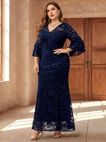 Plus Size V-Neck Ruffle Sleeve Floral Lace Mermaid Maxi Dress, Suitable For Valentine's Day, Wedding Guest, Prom, Birthday, Holiday, Graduation Ceremony, Gala And Other Occasions - Navy Blue - View 5