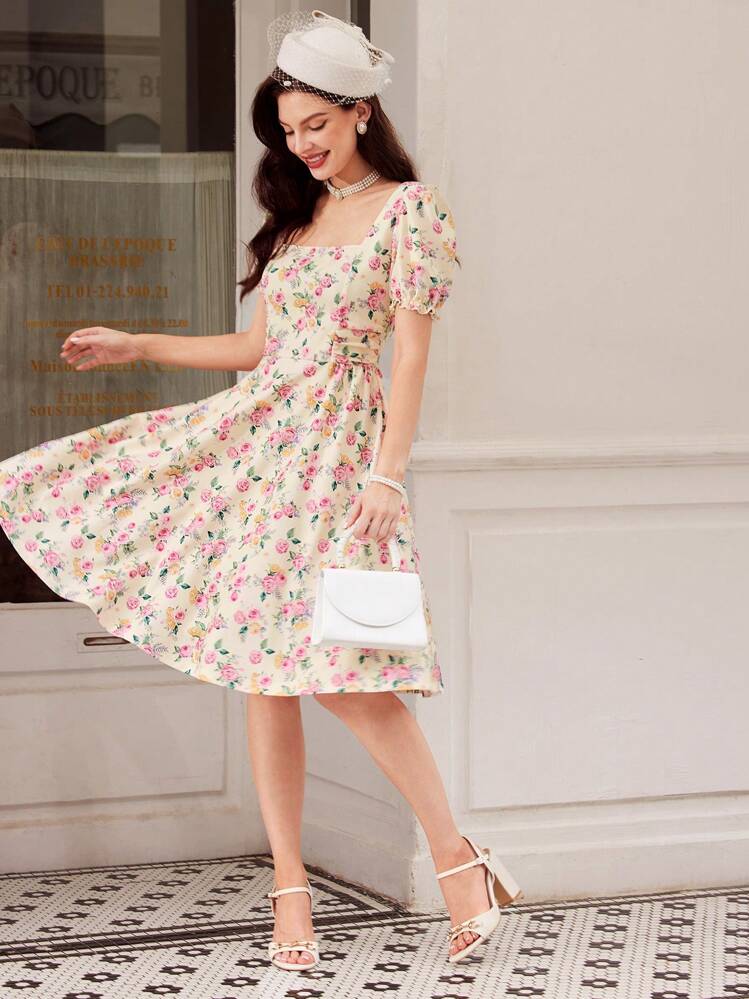 Vintamour Vintage Elegant Women's Knitted Dress With Ditsy Floral, Puff Sleeves, Scalloped Edge, Square Neckline, Pleats, Yellow Color, Spring/Summer Hollow-Out Umbrella Dress A-Line Dress Back To School Clothes Teacher Clothes Fall Clothes Concert Women Outfit Dress Long Dress Partytime - Yellow - View 2