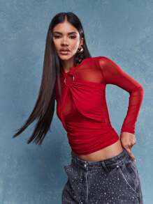 MISSGUIDED 吊带网纱褶皱长袖上衣 圣诞节 - 紅色 - 查看 4