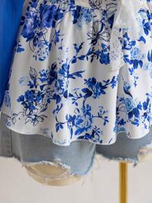 Dreamara 浪漫假期前中花邊綁染純色拼接長袖大尺碼女士上衣 - 藍白色 - 查看 5