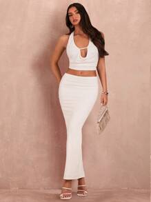 SHEIN BAE Ladies' Solid Color Simple Daily Camisole & Long Skirt Set With Halterneck Swung Collar Top Sexy Outfits Going Out Sets Summer Women Sets Two Pieces Skirt Set