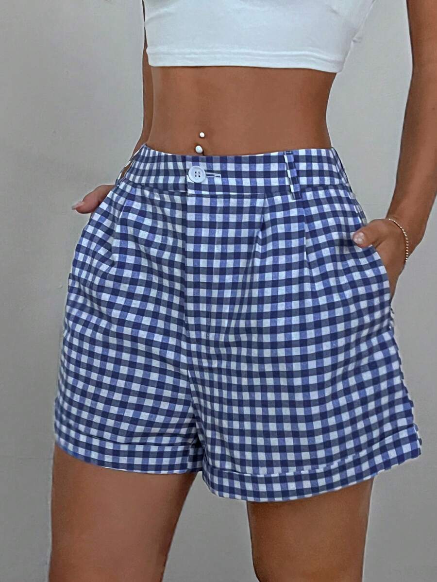SHEIN EZwear Quần short kẻ sọc xếp li cho những dịp bình thường - Xanh và trắng - Xem 1