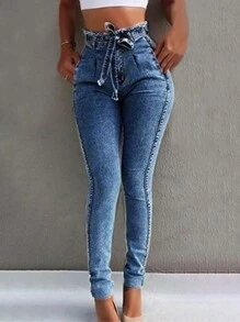 Women's Skinny Jeans With Frayed Waist, Belt And Butt Lifter