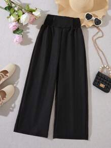 SHEIN Tween Girl's Casual High Waist Wide Leg Pants - Black - View 1