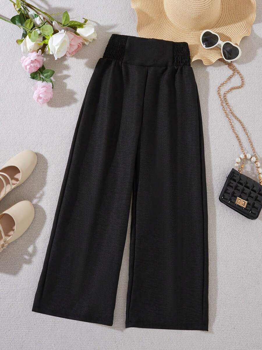 SHEIN Tween Girl's Casual High Waist Wide Leg Pants - Black - View 1