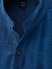 Manfinity Homme Loose-Fit Men's Solid Color Notched Neckline Shirt With Pocket (Necklace Not Included) - Royal Blue - View 4