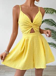 Breezaya Bộ áo liền quần thường ngày khoét rỗng phía trước màu trơn dành cho nữ với vòng eo cut-out và dây đeo spaghetti có thể điều chỉnh, dành cho kỳ nghỉ - Màu vàng - Xem 4