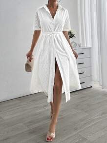 SHEIN Cottnline Embroidery Short Sleeve Dress With Belt - White - View 2