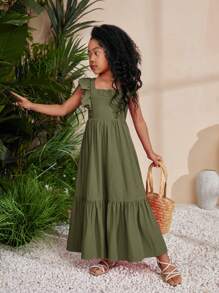 SHEIN SLAYR KIDS Young Girl Chetekola Music Festival Woven Solid Color Square Neck Sleeveless Long Dress,Summer Dress Holiday Outfits - Army Green - View 4