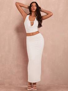 SHEIN BAE Ladies' Solid Color Simple Daily Camisole & Long Skirt Set With Halterneck Swung Collar Top Sexy Outfits Going Out Sets Summer Women Sets Two Pieces Skirt Set