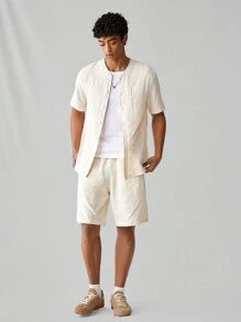 Manfinity VCAY Men's Fashionable Knitted Casual Casual Solid Color Short Sleeve Shirt And Shorts Set, Daily Wear - Beige - View 1