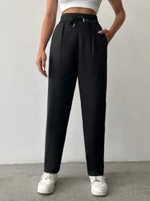 Pantaloni uni cu șnur în talie