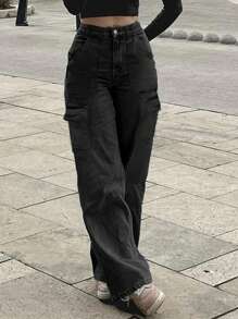 Women's American Casual Versatile Basic Mid-Rise Straight Work Jeans - Black - View 3