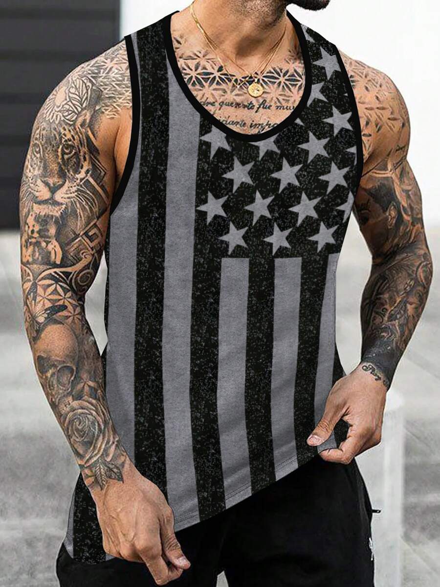 Manfinity LEGND Men's Summer American Flag Printed Colorful Graphic Round Neck Casual Sleeveless Tank Top, For Going Out, Husband
