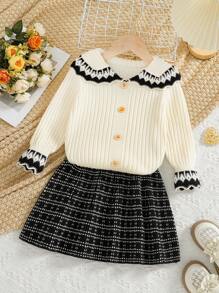 Young Girls' Sweater Co-Ords Knitted Set With Skirt, Casual & Elegant For Baby Girls With Vintage, Classic, And Quiet Style; Suitable For Staying At Home, , And Attending School With College & British Style - Black and White - View 1