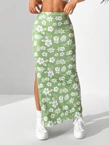 SHEIN EZwear Women's Simple Daily Floral Printed Split Hem Skirt - Green - View 1