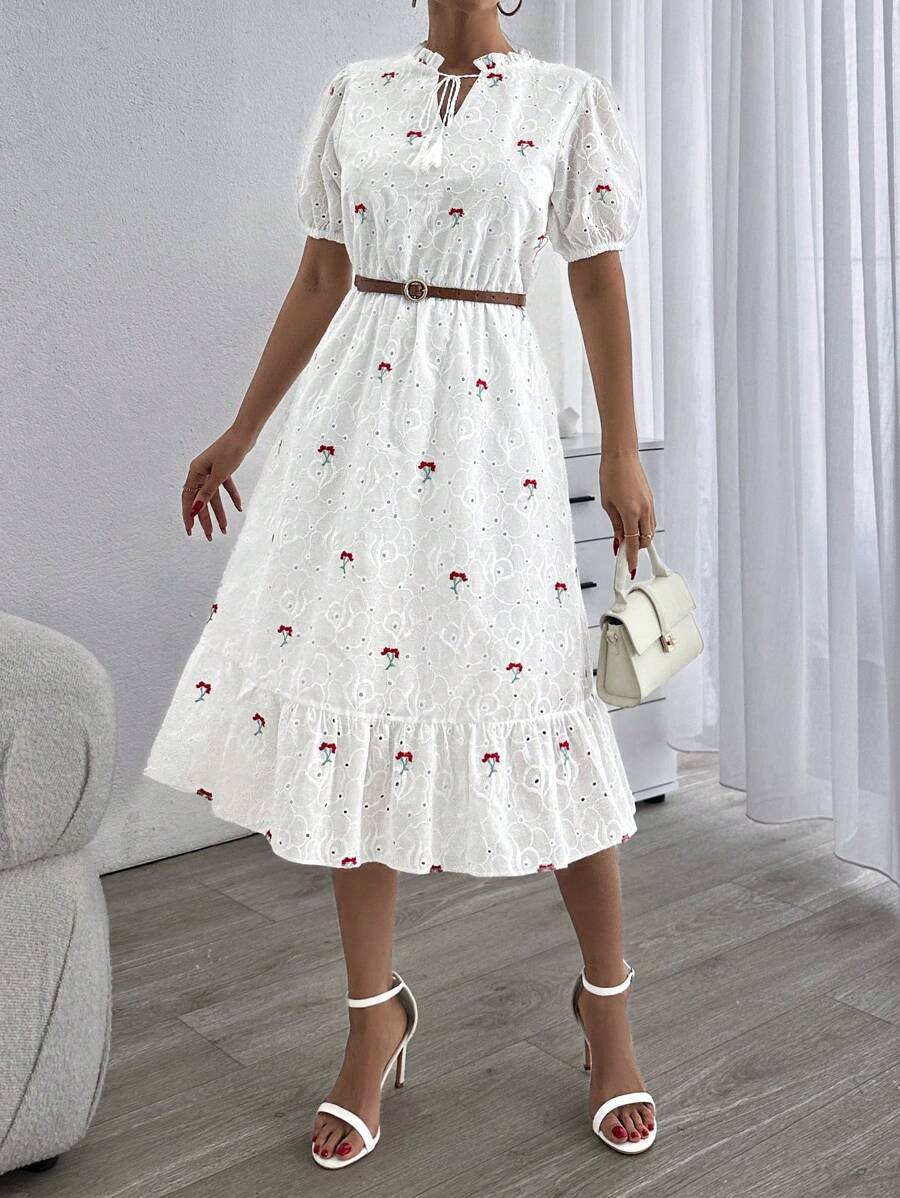 SHEIN Cottnline Floral Embroidery Short Sleeve Dress - White - View 1