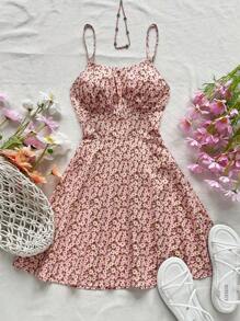 Soleia Đầm Cami hở lưng có dây buộc chéo in hoa, mùa hè - Hồng - Xem 5