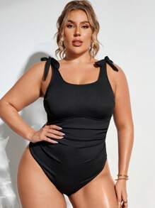 Swim Lushoire Plus Size Women's Solid Color Casual One-Piece Swimsuit With Shoulder Knot For Vacation Summer