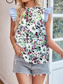 Breezaya Summer Flower Floral Patchwork Striped Ruffle Cap Sleeve Blouse - Green - View 6