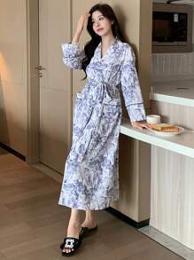 DAZY Botanische Liniengrafik Allover-Muster Kontrastfarbiger Gürtel Design Hemdkragen Schlafanzug - Weiss - Übersicht 6