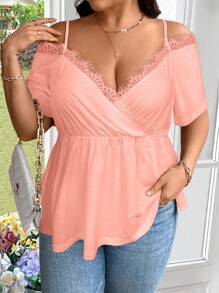 SHEIN Clasi Plus Summer Eyelash Lace Trim Cold Shoulder Peplum Tee - Pink - View 4
